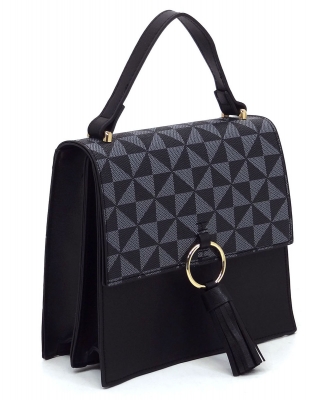 PM Monogram Ring Tassel Flap Crossbody Satchel PM704 BLACK